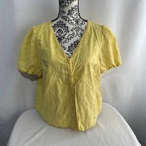 J. Crew Eyelet Top Women's Size L Button Shirt Emerald Yellow Puffed Sleeves
